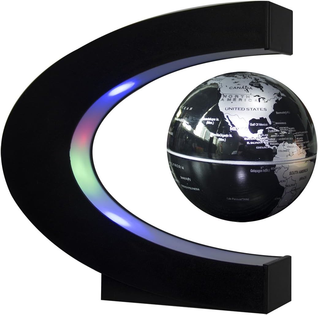 Floating Globe with LED Lights C Shape Magnetic Levitation Floating Globe World Map for Desk Decoration (Black)