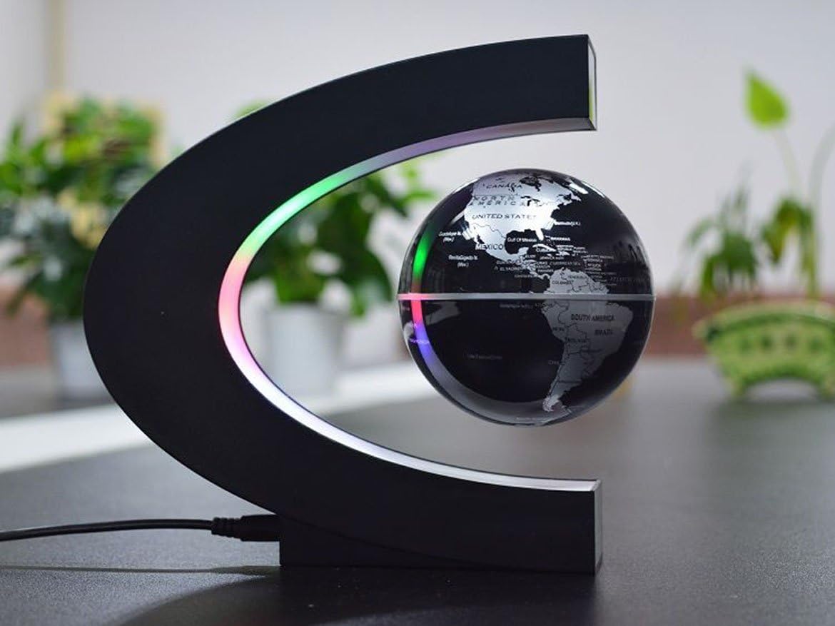 Floating Globe with LED Lights C Shape Magnetic Levitation Floating Globe World Map for Desk Decoration (Black)