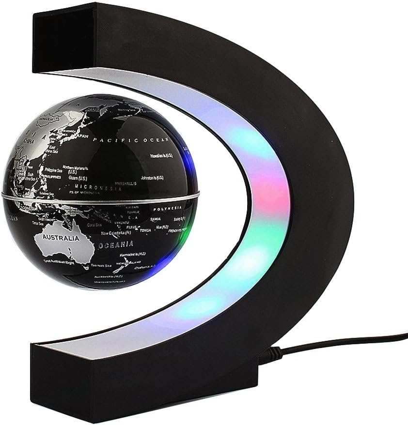 Floating Globe with LED Lights C Shape Magnetic Levitation Floating Globe World Map for Desk Decoration (Black)